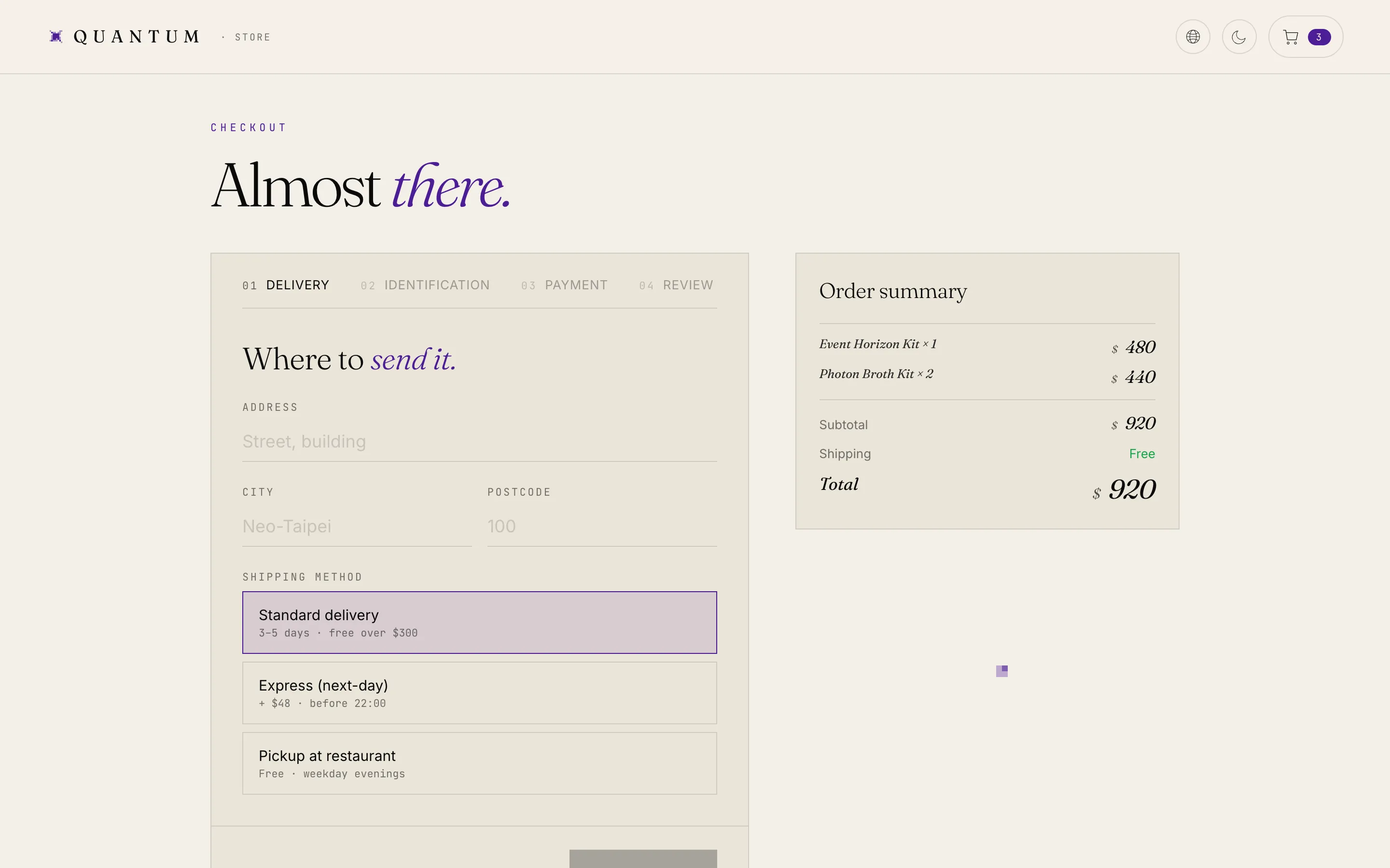 The checkout flow: a four-step StepIndicator at the top (delivery, identification, payment, review), a delivery-details form on the left, and an order summary on the right (Event Horizon Kit, Photon Broth Kit, total $920)