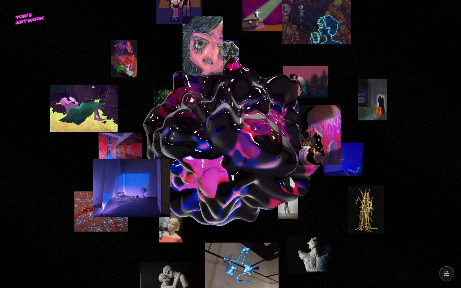 The Project Sphere — artwork cards on a fibonacci sphere around a central flowing black-and-pink glass blob, on a near-black nebula background
