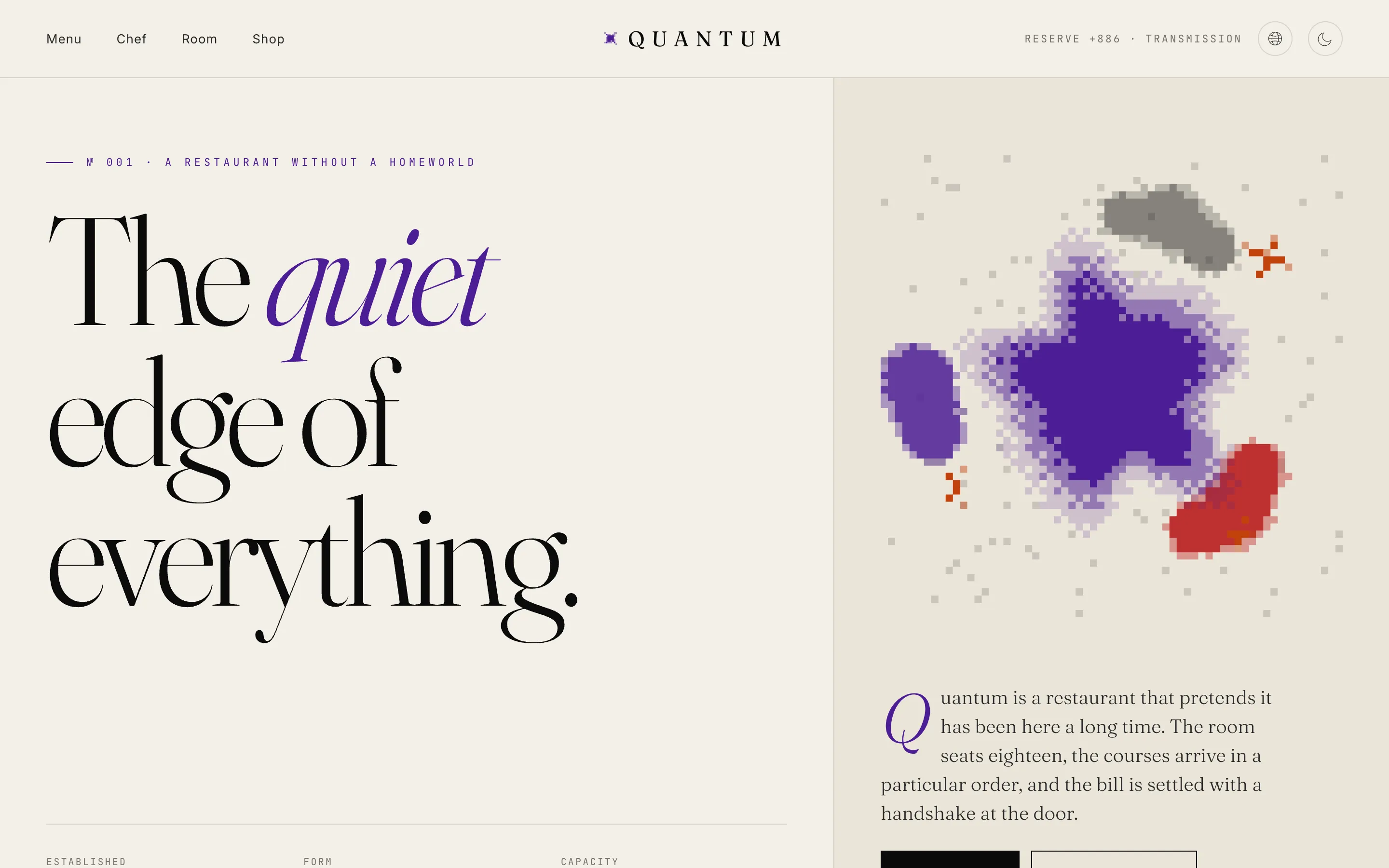 The Quantum brand landing hero — the serif headline beside a dithered nebula illustration, in warm paper and deep violet