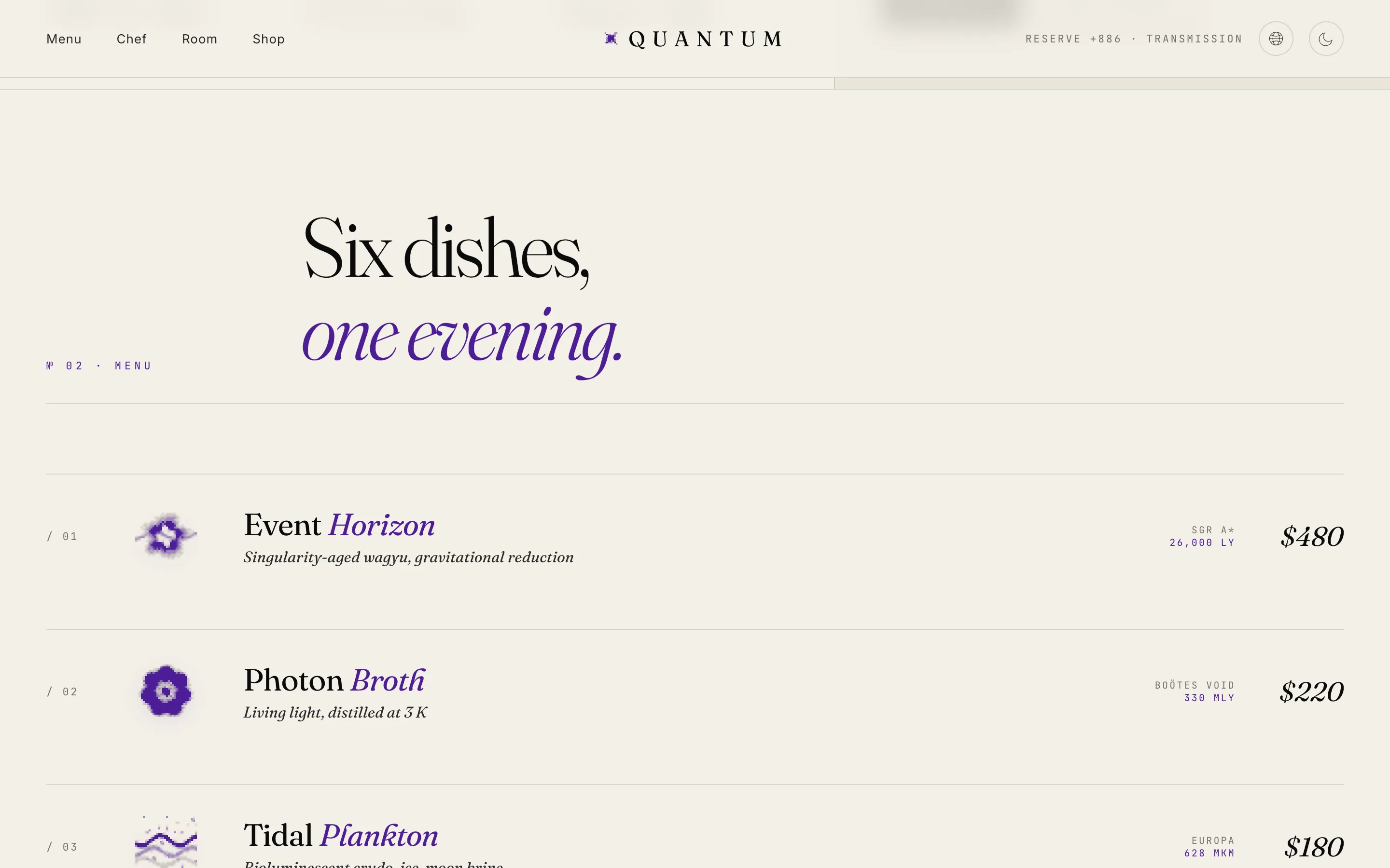 Menu section headlined 'Six dishes, one evening.', each dish with a quantum-violet dithered glyph illustration on its left