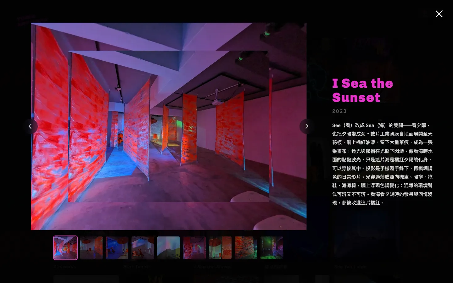 燈箱開啟：左為立體作品 I Sea the Sunset 的展場照、下方一排縮圖可切換，右為標題、年份與創作論述