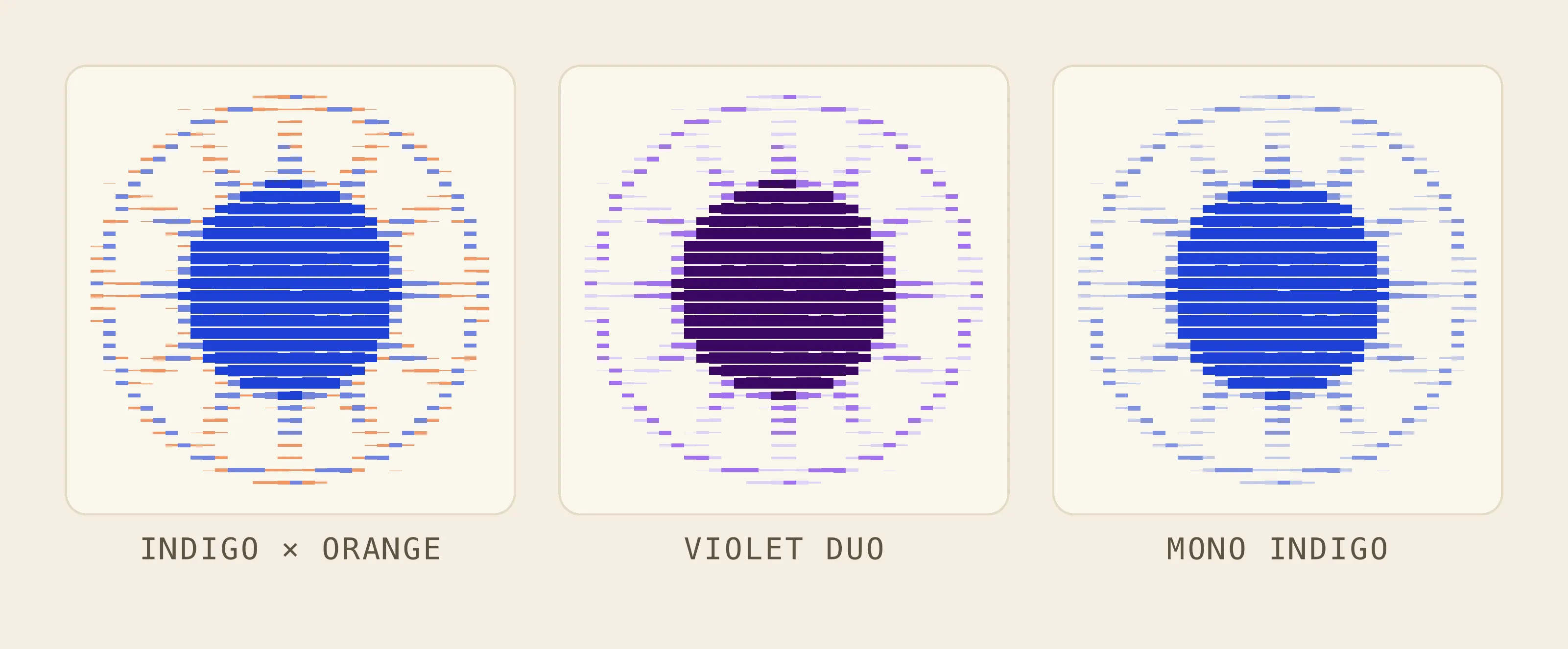 One scanline-rendered sun shown side by side under three two-tone palettes: indigo-and-orange, a violet duo, and a mono indigo; the scanline geometry is identical across all three, only the color changes