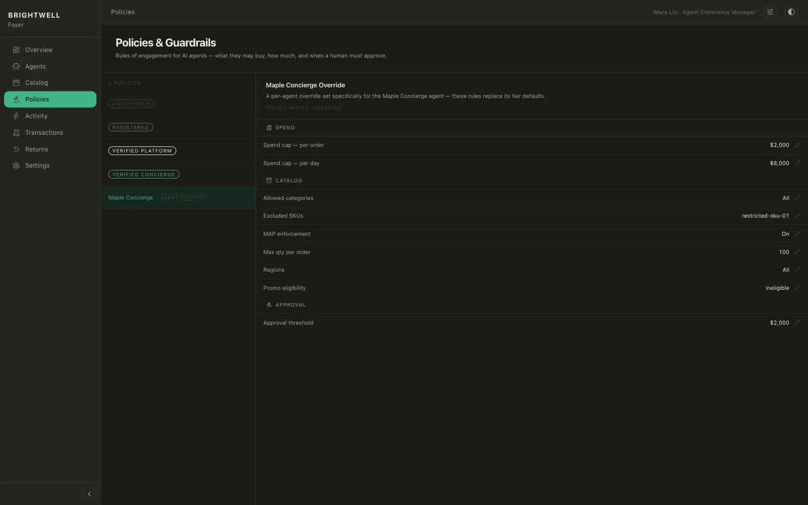 Policies page: a per-agent override for Maple Concierge with spend caps, MAP enforcement, and an approval threshold