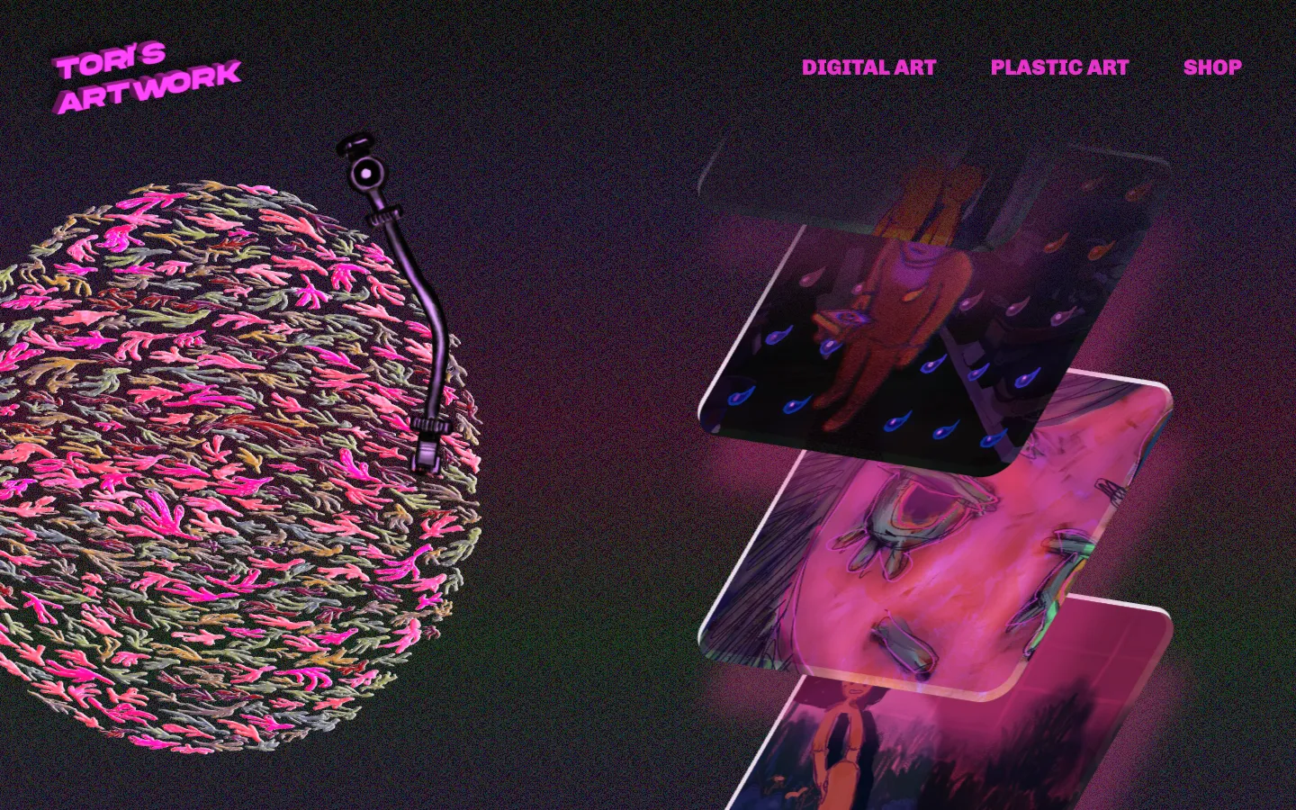 The first portfolio: a multi-page site with a spinning vinyl record on the left, stacked illustration cards on the right, and a DIGITAL ART / PLASTIC ART / SHOP nav across the top